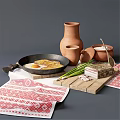 Traditional Breakfast Food with Fried Eggs Sliced Meat and Green Onions in Cast Iron Pan