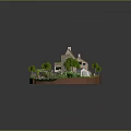 Cartoon Scene of Cozy House With Green Trees Flowers Pathway Pond And Tractor