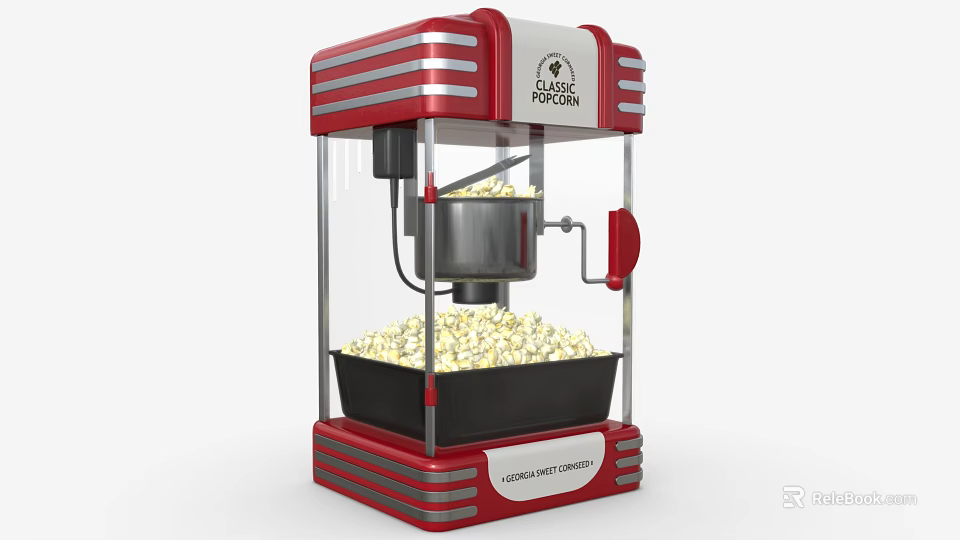 Vintage Red Popcorn Machine Amusement Equipment Filled With Popcorn And Silver Stripes 3d model 