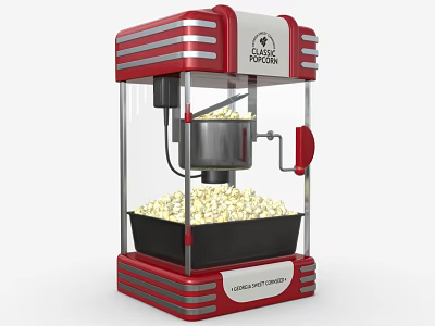 Vintage Red Popcorn Machine Amusement Equipment Filled With Popcorn And Silver Stripes 3d model