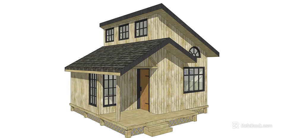 Single Family House With Wooden Exterior Black Roof And Front Porch Steps 3d model 