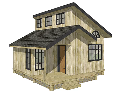 Single Family House With Wooden Exterior Black Roof And Front Porch Steps 3d model