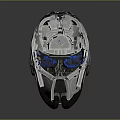 Futuristic Silver Metallic Helmet With Blue Visor And Tech Equipment Design