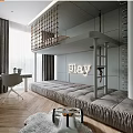 Modern Kids Room Interior With Bunk Bed Ladder Play Sign Desk Chair And Cozy Rug