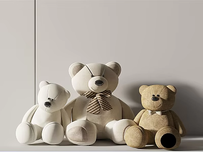 Stuffed Teddy Bear Dolls in White Beige Brown Sitting Together on Light Wall 3d model Stuffed Teddy Bear Dolls in White Beige Brown Sitting Together on Light Wall 3d model