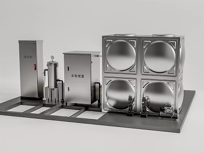 Industrial Stainless Steel Water Tank System With Pumps And Control Units 3d model