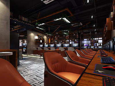 Modern Internet Cafe With Comfortable Leather Chairs And High Performance Computers 3d model
