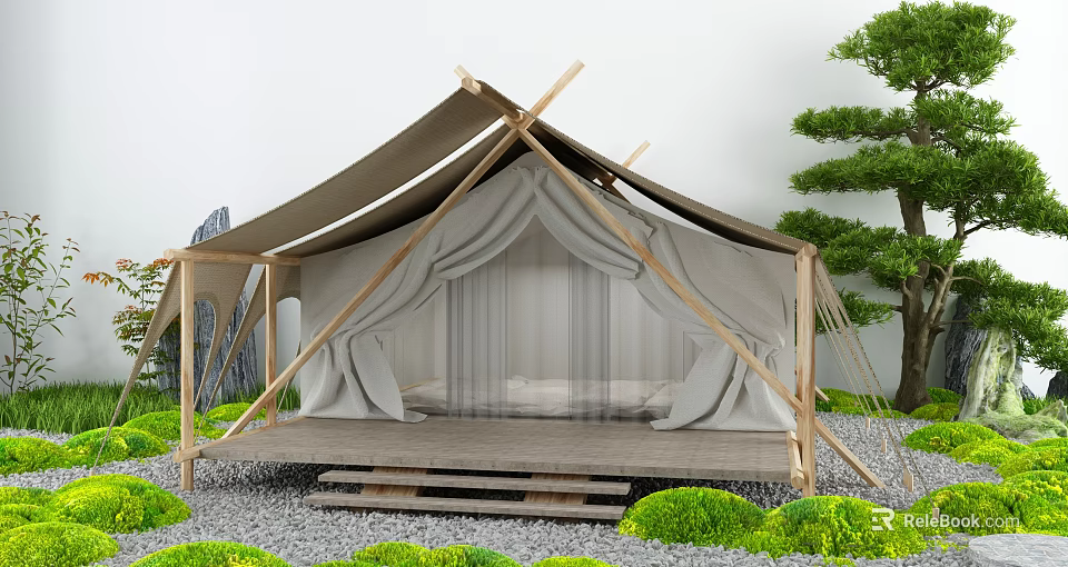 Glamping Canvas Tent With Wooden Frame On Wooden Platform Surrounded By Green Plants And Gravel 3d model 