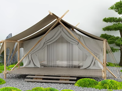 Glamping Canvas Tent With Wooden Frame On Wooden Platform Surrounded By Green Plants And Gravel 3d model