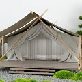 Glamping Canvas Tent With Wooden Frame On Wooden Platform Surrounded By Green Plants And Gravel
