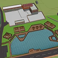 Waterfront Landscape Design With Large Pool Thatched Pavilions Greenery And Recreational Spaces
