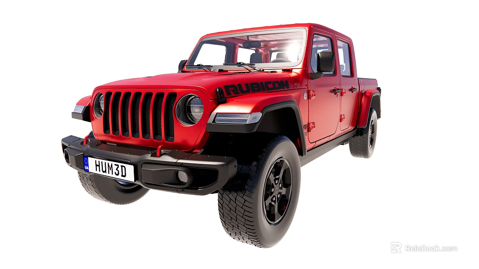 Red Jeep Rubicon Pickup Truck Front View With Black Wheels And Off Road Design 3d model 