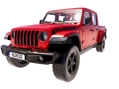 Red Jeep Rubicon Pickup Truck Front View With Black Wheels And Off Road Design 3d model