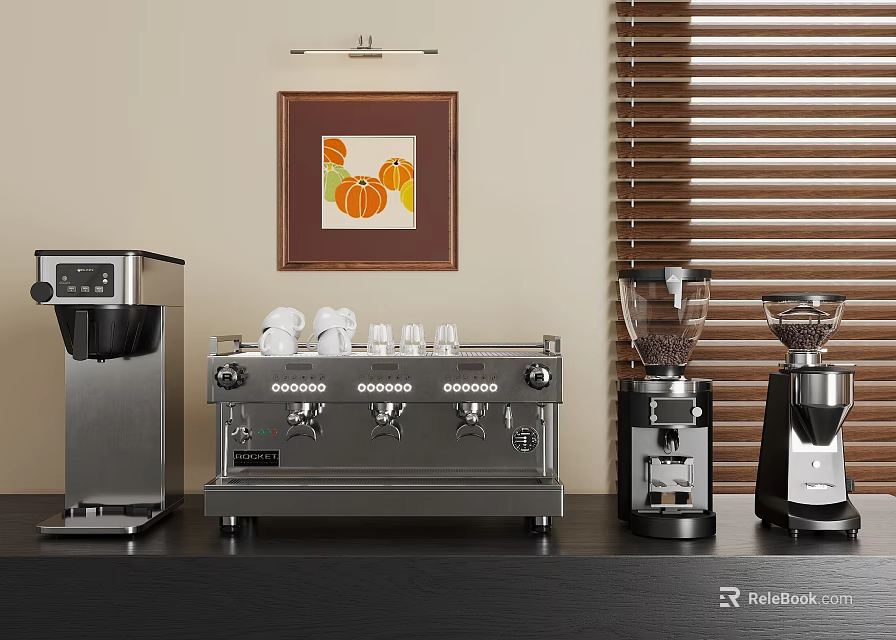 Modern Kitchen Countertop With Stainless Steel Coffee Machine Blender And Grinder Household Appliances 3d model 