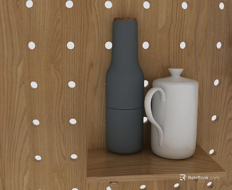 Modern Minimalist Wooden Hinged Door With Wooden Wall White Dots And Decorative Shelf 3d model 