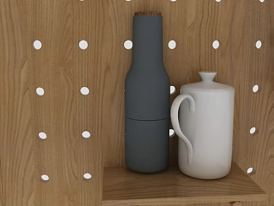 Modern Minimalist Wooden Hinged Door With Wooden Wall White Dots And Decorative Shelf 3d model