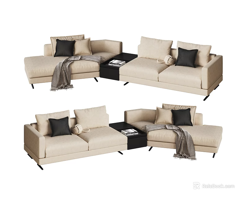Modern Beige Sectional Sofa with Black Cushions Gray Throw Blanket and Built-in Table 3d model