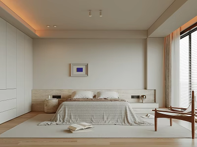 Modern Bedroom Interior With White Wardrobes Cozy Bedspread Two Pillows Framed Painting And Recessed Lighting 3d model