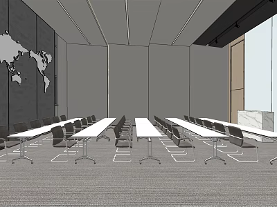 Spacious Conference Room With Long Tables Chairs World Map And Large Windows 3d model