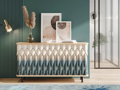 Modern Console Table Sideboard With Blue White Gradient Pattern Decorative Vase Framed Artworks And Green Wall 3d model