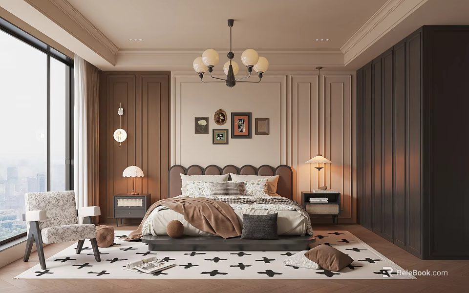 Modern Luxury Bedroom Interior With Large Bed Chandelier Decorative Artworks Nightstands And Table Lamps 3d model 