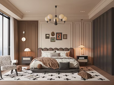 Modern Luxury Bedroom Interior With Large Bed Chandelier Decorative Artworks Nightstands And Table Lamps 3d model