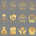 Gold Currency Themed Wall Decor With Money Bag Banknotes Hands Holding Coins And Dollar Signs