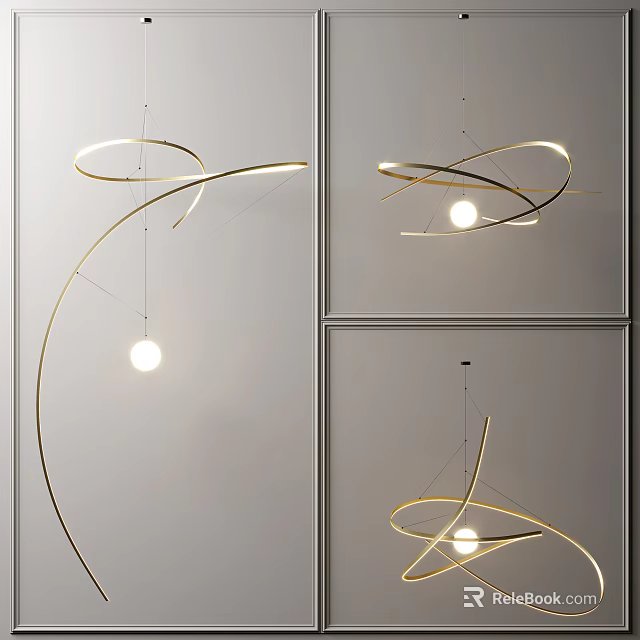 Modern Chandelier Design With Golden Curved Lines And Illuminated Spheres 3d model 