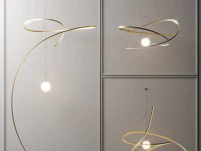 Modern Chandelier Design With Golden Curved Lines And Illuminated Spheres 3d model