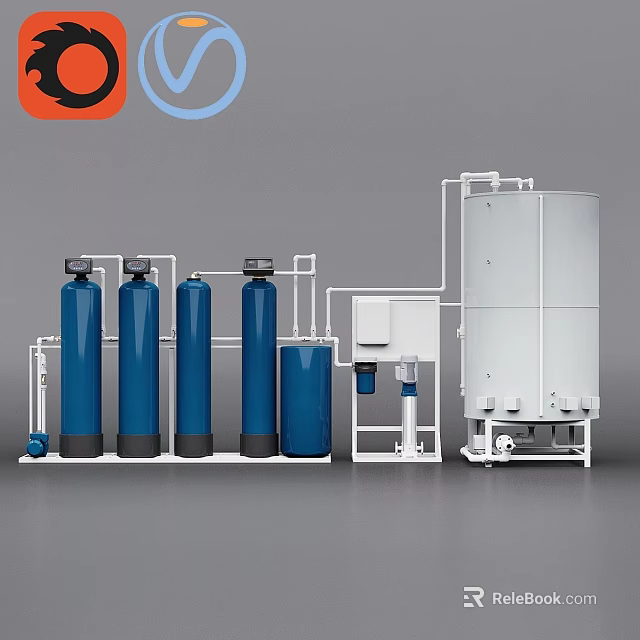 Domestic Water Treatment Appliance With Blue Cylindrical Tanks And White Connected Equipment 3d model 