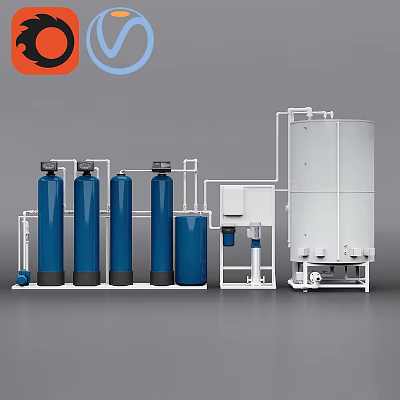 Domestic Water Treatment Appliance With Blue Cylindrical Tanks And White Connected Equipment 3d model