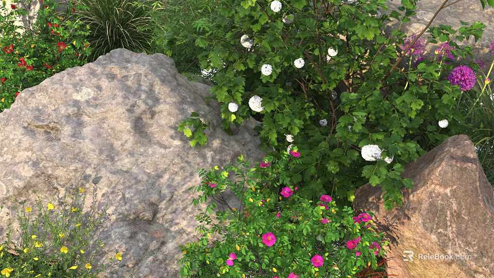 Vibrant Garden With Lush Green Foliage White Flowers Pink Blooms And Natural Rock 3d model 