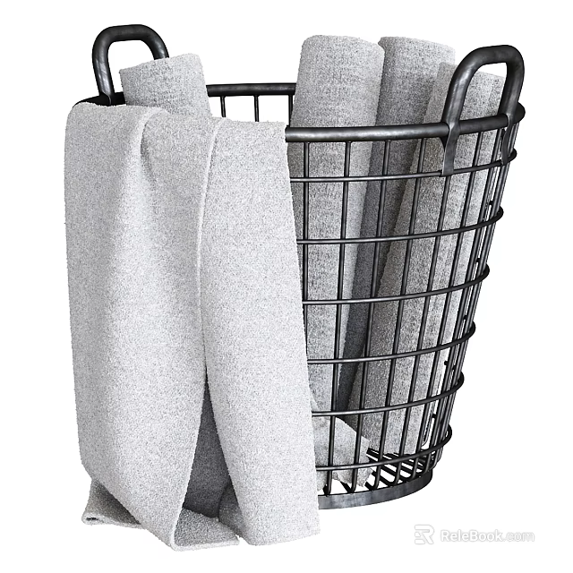Laundry Essentials Storage With Black Wire Basket And Soft Gray Towels 3d model 