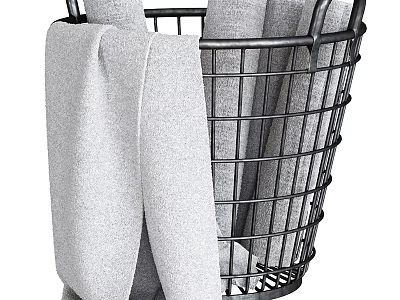 Laundry Essentials Storage With Black Wire Basket And Soft Gray Towels 3d model