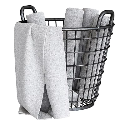 Laundry Essentials Storage With Black Wire Basket And Soft Gray Towels 3d model