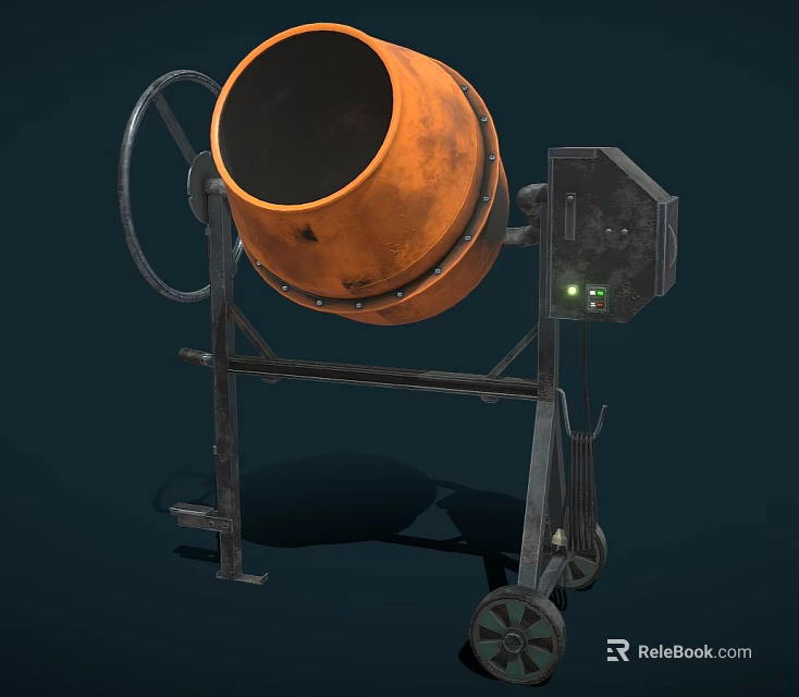 Orange Concrete Mixer Industrial Equipment With Metal Frame Wheels And Green Indicator Lights 3d model 