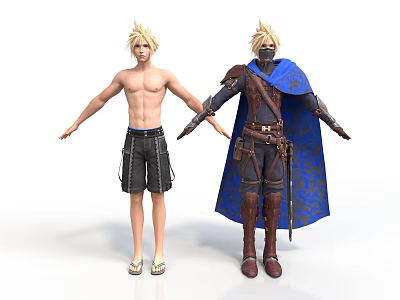 Men in Different Outfits Casual Shorts Sandals and Armor With Blue Cape and Sword 3d model