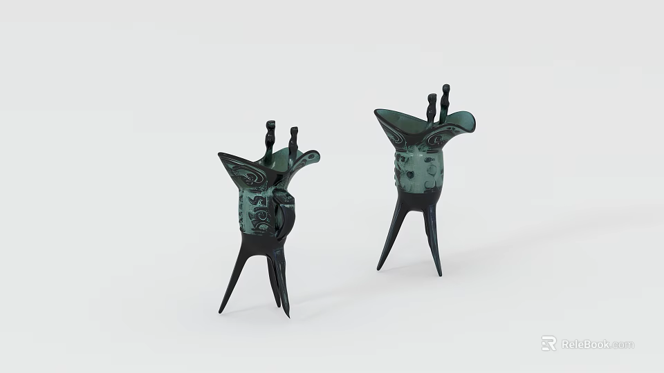 Two Ancient Style Three Legged Cups With Decorative Patterns And Dark Green Finish 3d model 