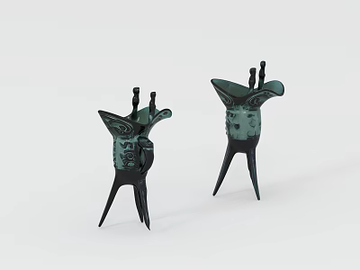 Two Ancient Style Three Legged Cups With Decorative Patterns And Dark Green Finish 3d model