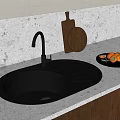 Modern Kitchen Sink with Faucet on White Countertop and Wooden Cutting Board and Fruit Plate