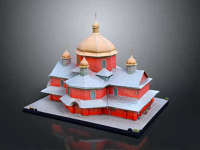 Cartoon Scene Of Red Traditional Building With Multiple Golden Domes And Snowy Roof 3d model