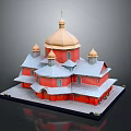 Cartoon Scene Of Red Traditional Building With Multiple Golden Domes And Snowy Roof