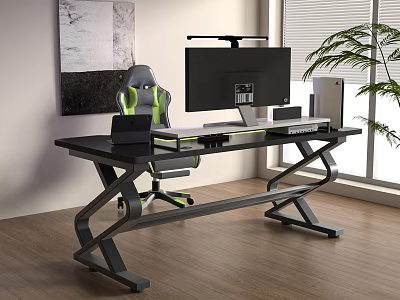 Modern Standing Desk Setup With Computer Monitor Office Chair And Green Plant 3d model