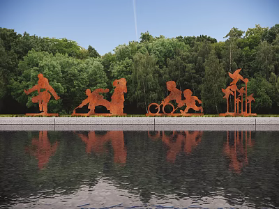 Red Metal Garden Sculptures Featuring Dynamic Human Figures And Water Reflections In Green Forest 3d model