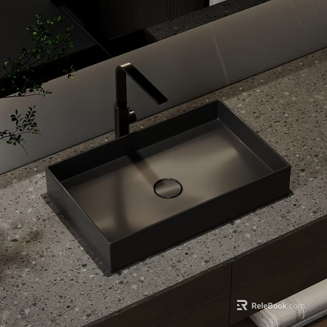 Modern Black Square Washbasin With Grey Stone Countertop Black Faucet And Minimalist Design 3d model 