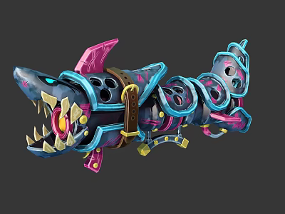 Shark Shaped Weapon with Blue Pink Mechanical Structure Glowing Eyes Metallic Parts and Leather Strap 3d model