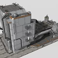 Gray Military Style Industrial Building With Large Metal Structure Ramp Entrance And Barbed Wire