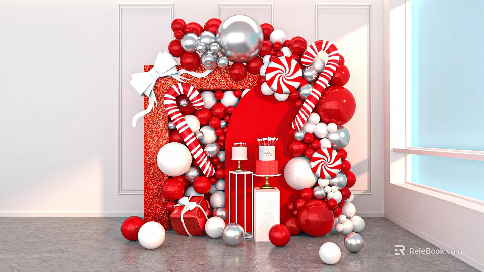 Inflatable Festive Arch Decoration With Red Silver Balloons Peppermint Candies Gift Boxes 3d model 