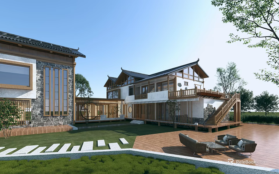 Rural Self-built House With Traditional Chinese Roof Courtyard Design Wooden Terrace And Lawn Area 3d model 