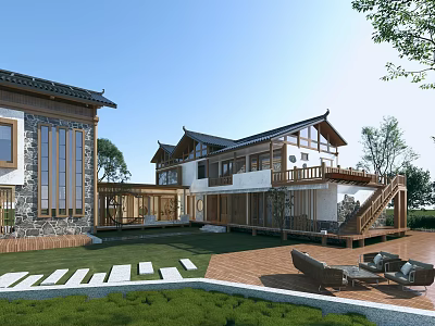 Rural Self-built House With Traditional Chinese Roof Courtyard Design Wooden Terrace And Lawn Area 3d model